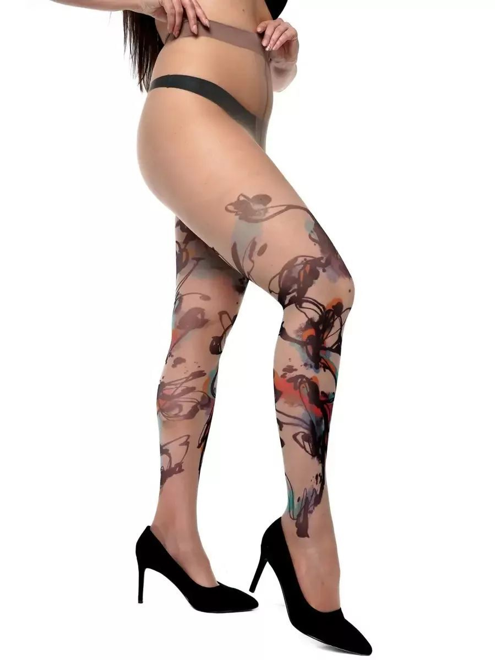 Колготки +size с принтом в виде рисунка акварелью (Размер: XL-XXL-XXXL) (Цвет: бежевый)