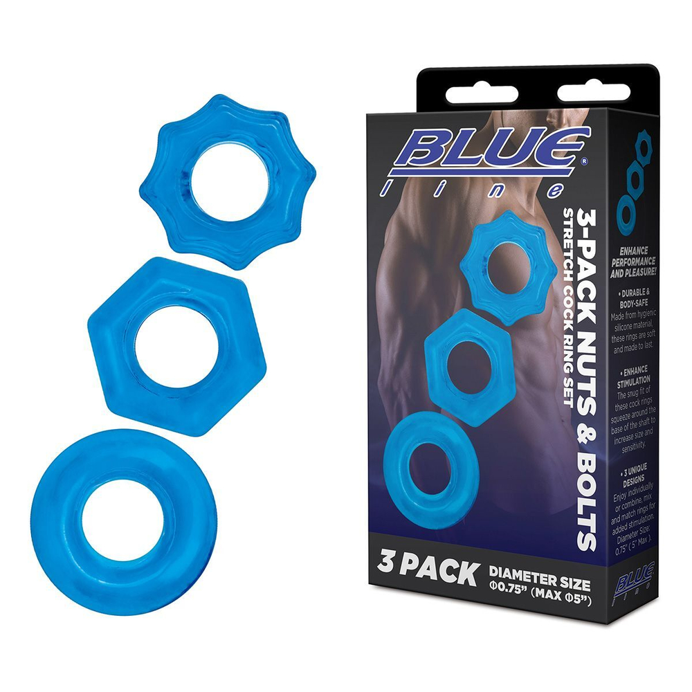 Комплект из трех голубых колец для эрекции 3-Pack Nuts & Bolts Stretch Cock Ring Set (Цвет: голубой)