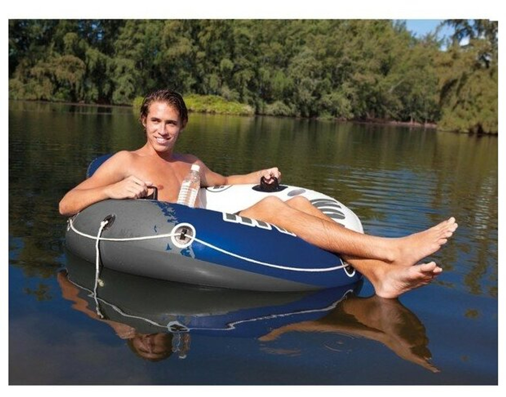 Матрас-круг для плавания Intex 58825 River Run 135 см / Надувное кресло Интекс с сетчатым дном и спинкой сине-белое для бассейна и моря