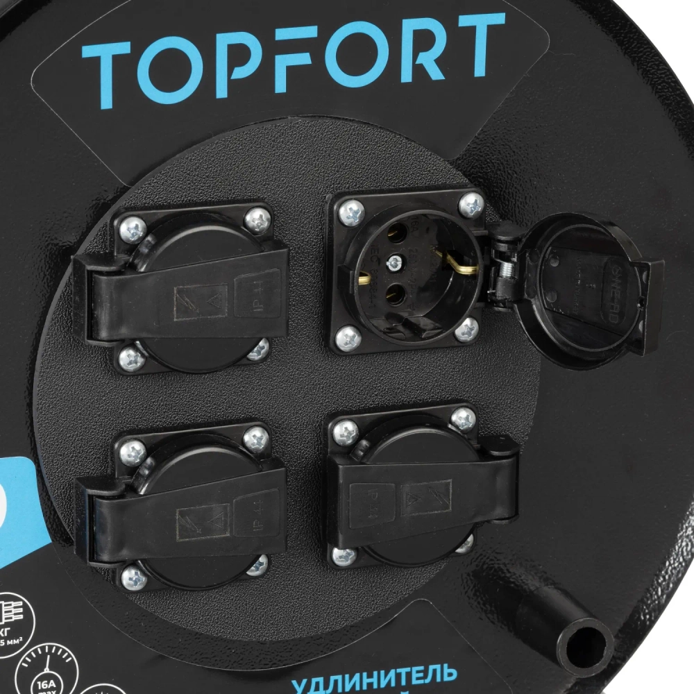 Удлинитель Topfort КГ 3х2,5 30м, на мет.катушке, с/з.,с/загл.,IP44