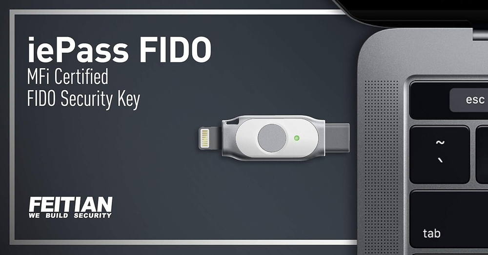 FEITIAN K44 — Двухконнекторный ключ безопасности для iOS и ПК Аутентификатор с USB-C + Lightning, поддержка FIDO2, PIV и MFi