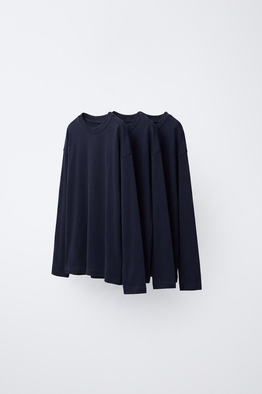 ZARA НАБОР ИЗ ТРЕХ ОДНОТОННЫХ ФУТБОЛОК С ДЛИННЫМИ РУКАВАМИ, МОРСКОЙ СИНИЙ