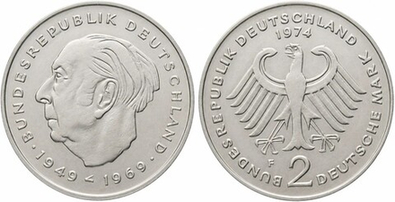 Германия 2 марки, 1974 F Теодор Хойс XF