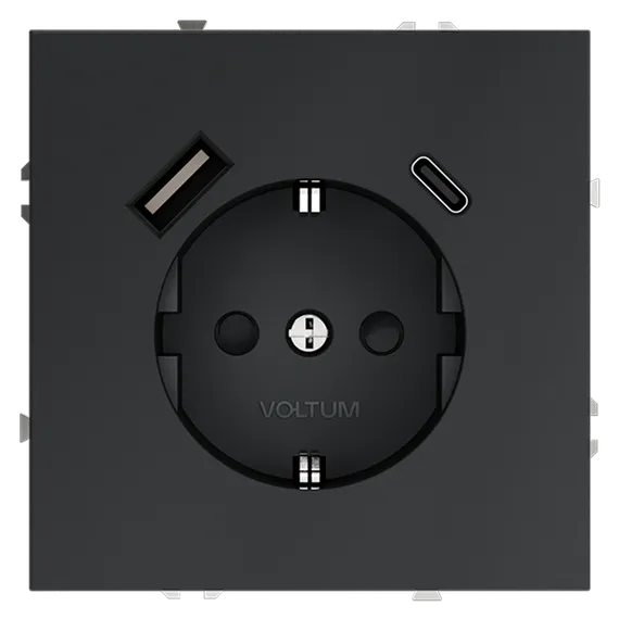 Розетка с заземлением и защитными шторками, с USB, A+С Voltum S70 Графит VLS040507