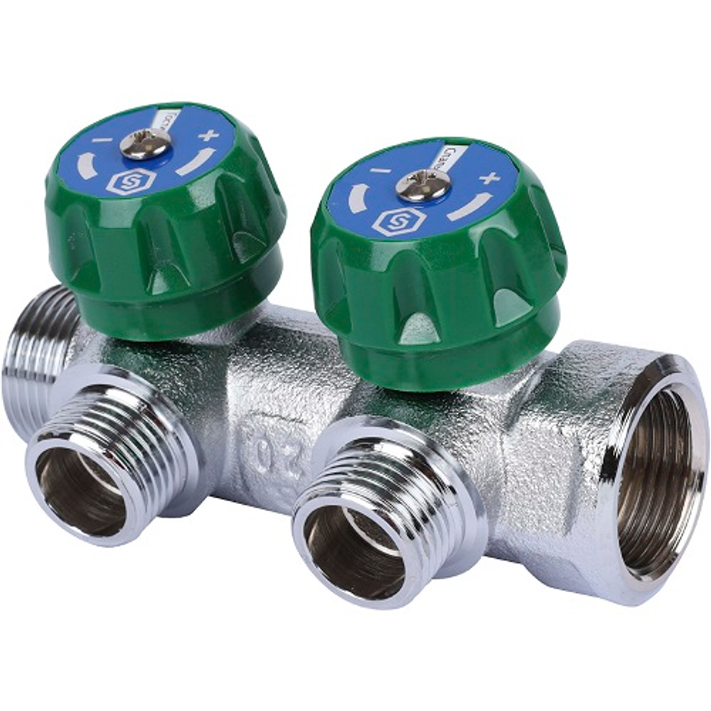Коллектор регулирующий проходной STOUT SMB 6849 - 3/4" (НР/ВР) на 2 контура 1/2"(плоское уплотнение)