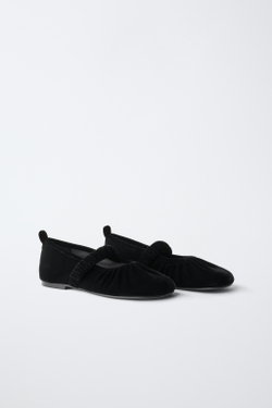 ZARA БАРХАТНЫЕ БАЛЕТКИ СО СБОРКАМИ, ЧЕРНЫЙ