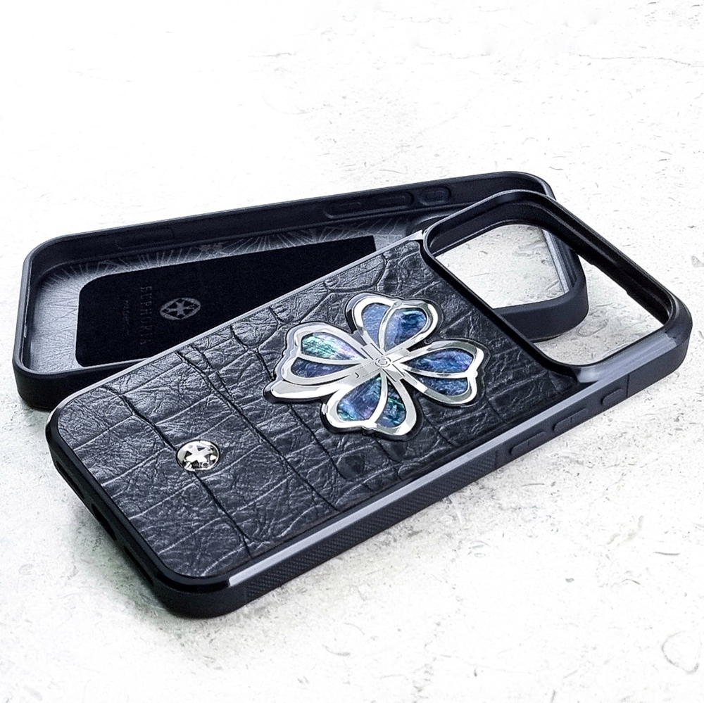 Чехол iPhone 18 Pro Max Euphoria HM Premium Pearl Clover мягкий материал изнутри— литой клевер с инкрустацией натуральным перламутром кожа CROC итальянская выделка