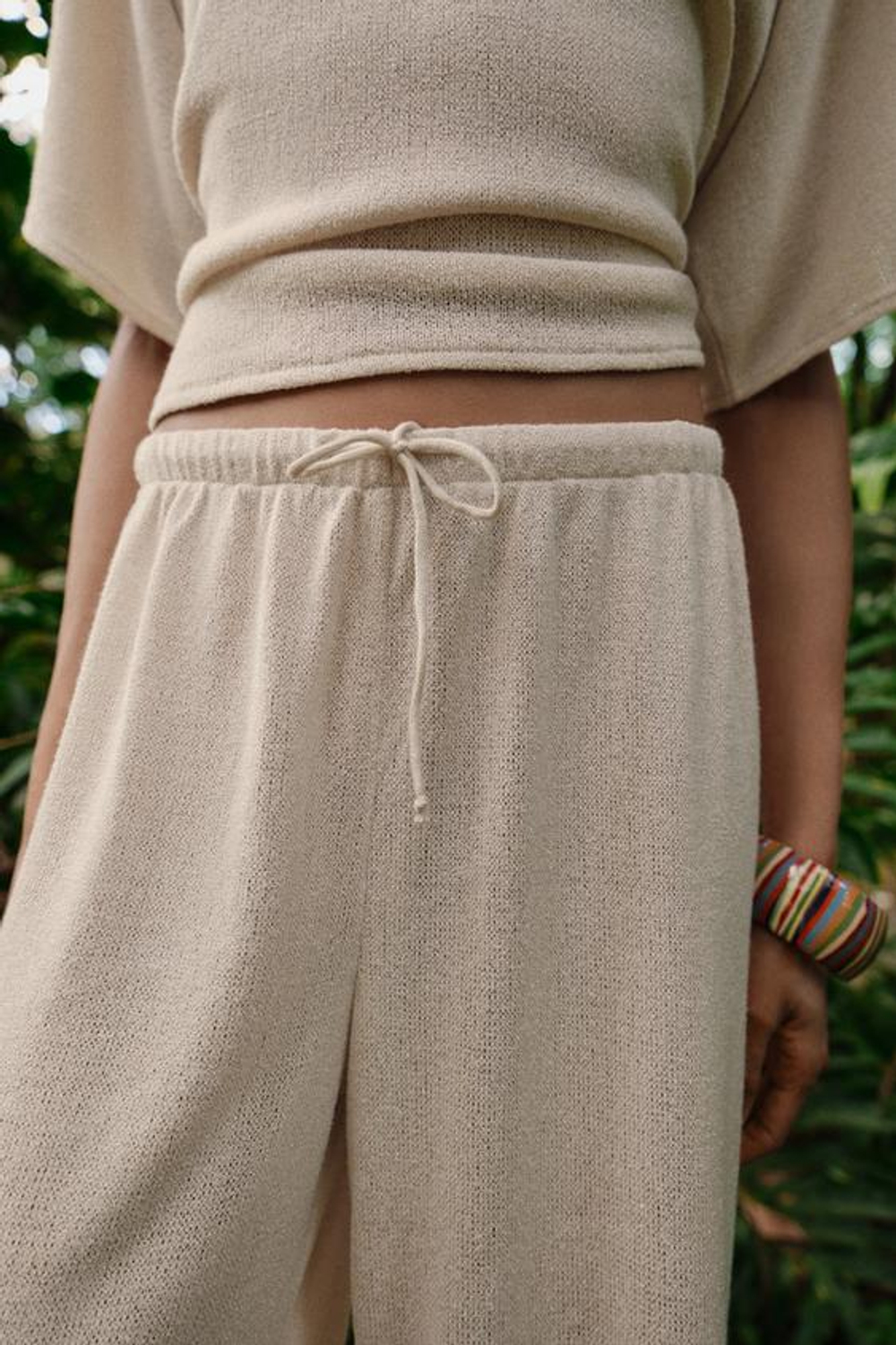 ZARA БРЮКИ WIDE LEG ИЗ ТКАНИ В ДЕРЕВЕНСКОМ СТИЛЕ, СВЕТЛО-БЕЖЕВЫЙ