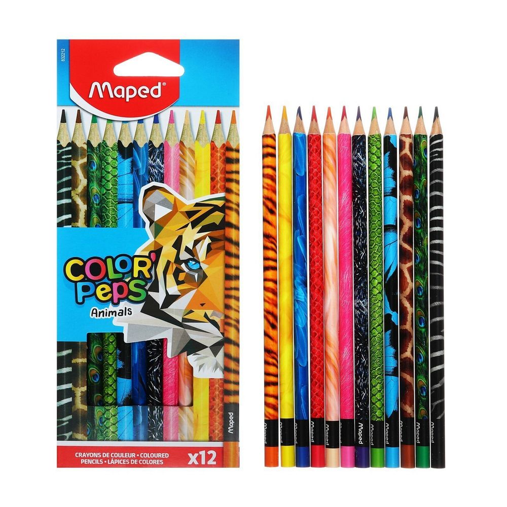 Карандаши цветные MAPED (Франция) "Color'Peps Animals'", 12 цветов, трехгранные, заточенные, европодвес, 832212