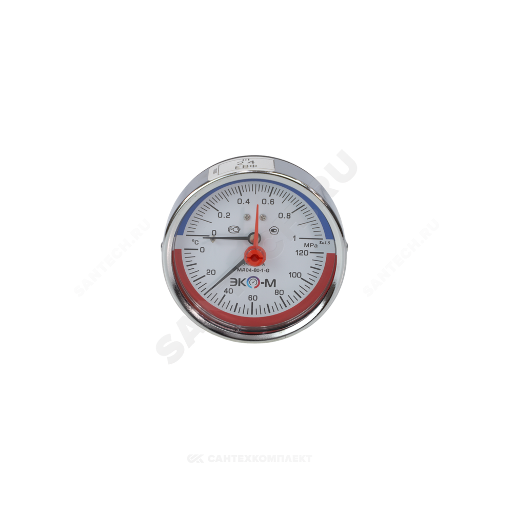 Термоманометр МД04 осевой Дк80 0-0,6 МПа L=40мм G1/4" 120С с переходником на G1/2" ЭКОМЕРА МД04-80-G-0,6МПа-120-L-40-ОИ