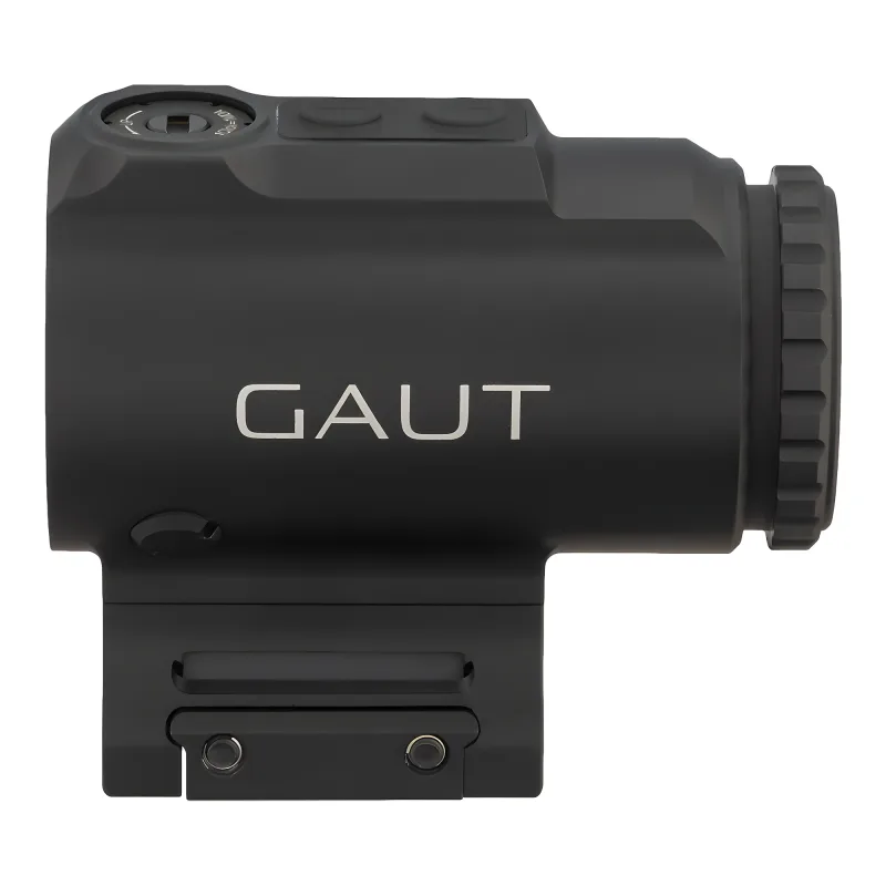 Прицел призматический Gaut Sapphire 1x18, HD, подсветка красная, Picatinny - вид слева, логотип Gaut