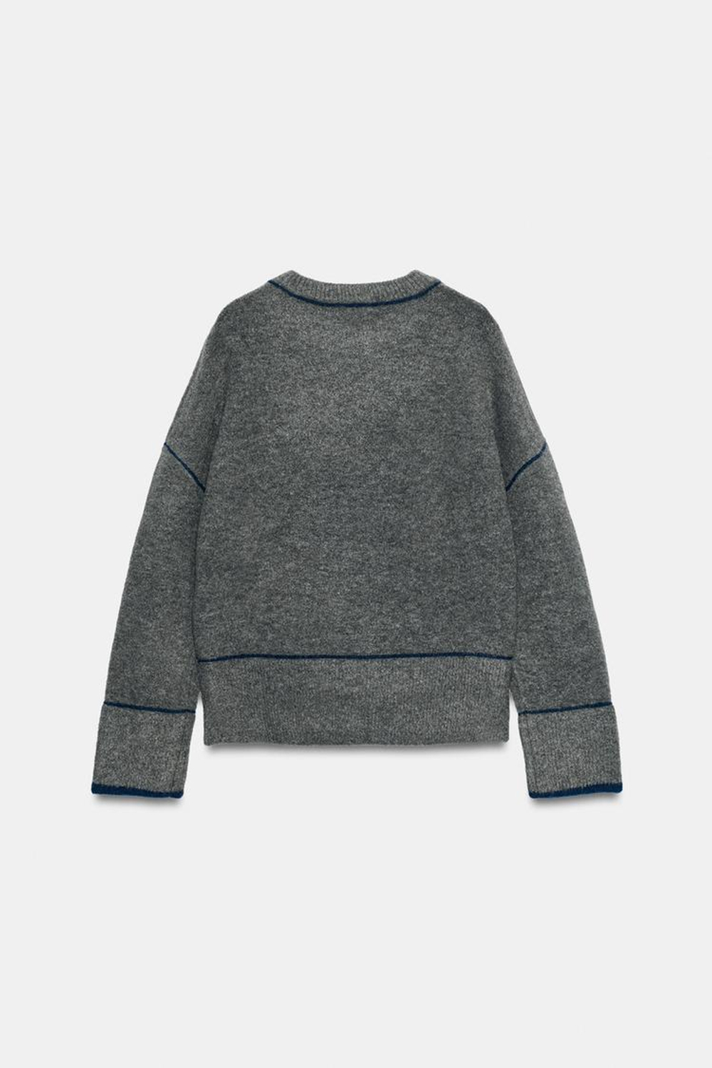 ZARA ТРИКОТАЖНЫЙ ДЖЕМПЕР С КОНТРАСТНОЙ ОТДЕЛКОЙ, МЯГКИЙ СЕРЫЙ
