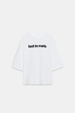 ZARA ФУТБОЛКА С НАДПИСЬЮ, ЖЕЛТОВАТО-БЕЛЫЙ