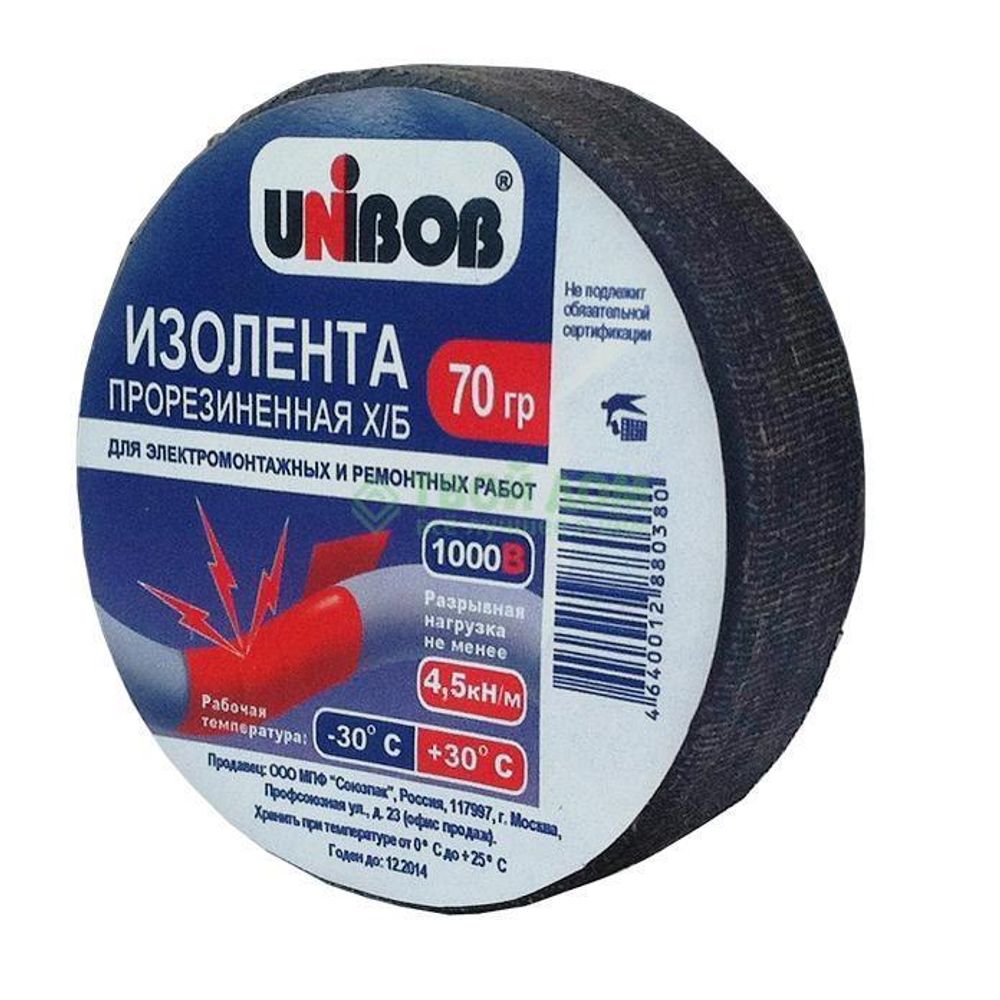 Изолента Х/Б 70гр черная прорезиненная Unibob / 57729 Изолента Х/Б 70гр черная прорезиненная Unibob / 57729