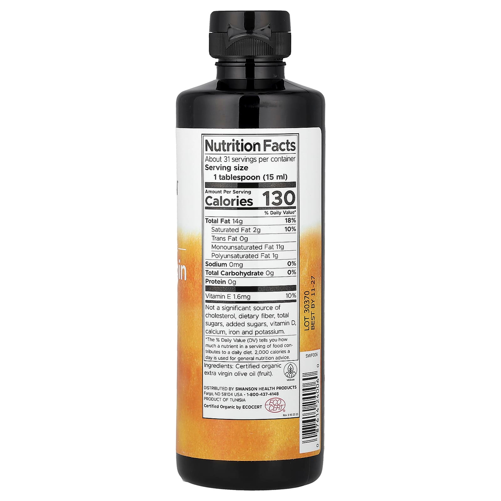 Swanson Vitamins, сертифицированное органическое нерафинированное оливковое масло высшего качества, холодный отжим, 473 мл (16 жидк. унций)