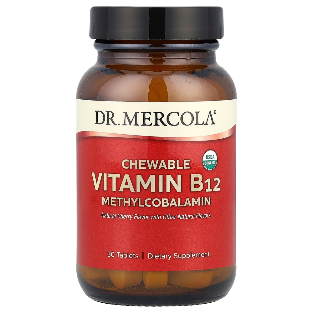 Dr. Mercola, жевательный витамин B12 с метилкобаламином, натуральный вишневый вкус, 30 таблеток