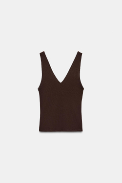 ZARA ТОП В РУБЧИК С V-ОБРАЗНЫМ ВЫРЕЗОМ, КОРИЧНЕВЫЙ