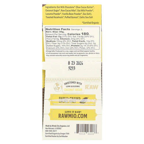 Rawmio, Овсяный молочный шоколад, хрустящая корочка с фундуком и киноа, 60 г (2,12 унции)