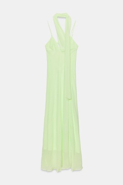 ZARA ДЛИННОЕ ПЛАТЬЕ ИЗ ЖОРЖЕТА С ТОНКИМИ БРЕТЕЛЯМИ И ШАРФОМ, ЛАЙМОВЫЙ