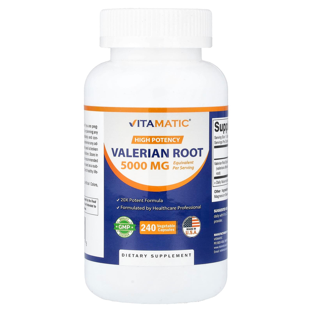 Vitamatic, корень валерианы, высокоэффективный, 240 растительных капсул (250 мг в 1 капсуле)