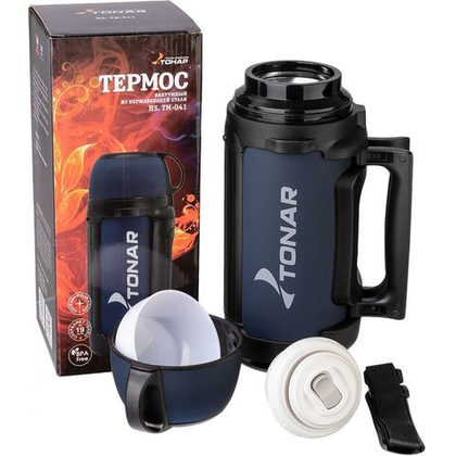 Термос Тонар 1400ML (крышка-кружка с ручкой, дополнительная пластиковая чашка, складная ручка, ремень)