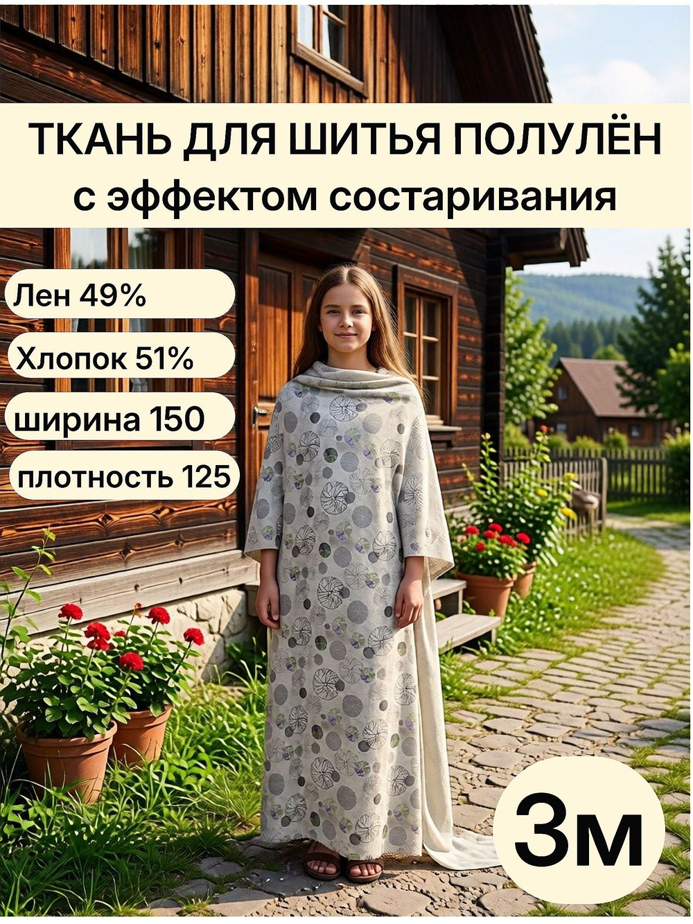3м. Ткань полулен Колесо времени для шитья с эффектом состаривания, хлопколён, 150 см, плотность 125, состав лён 49% хлопок 51%, белорусское качество.