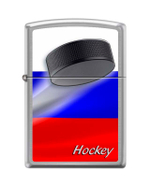 Легендарная классическая американская бензиновая широкая зажигалка ZIPPO Classic Brushed Chrome серебристая матовая из латуни и стали  с изображением шайбы на триколоре 200 RUSSIAN HOCKEY PUCK