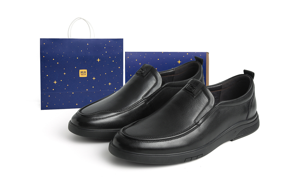 HLA Top Grain Cow Leather Casual Leather Shoes Men"s Black