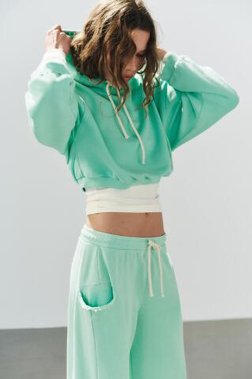 ZARA ШИРОКИЕ БРЮКИ НЕОНОВОГО ЦВЕТА, ЗЕЛЕНОВАТО-СИНИЙ