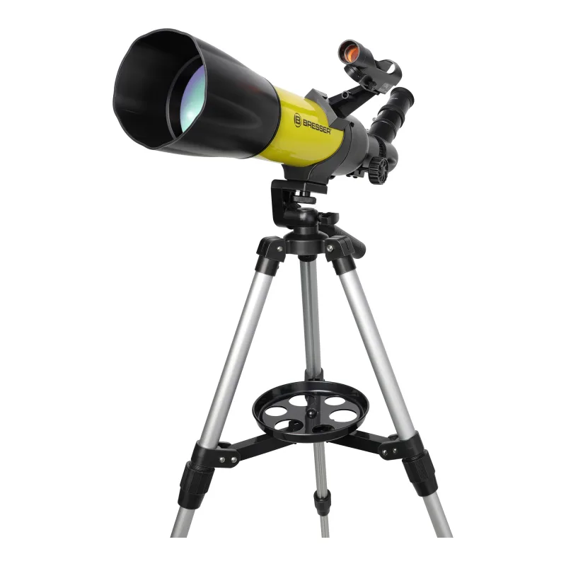 Телескоп BRESSER 70/400 в черном рюкзаке (88-80961) - вид спереди сбоку на штативе, линза объектива