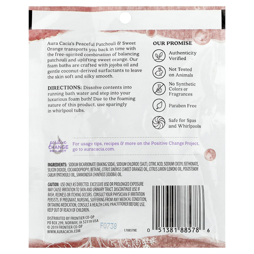 Aura Cacia, Ароматерапевтическая пенка для ванн, пачули и сладкий апельсин, успокаивающее, 70,9 г (2,5 унции)