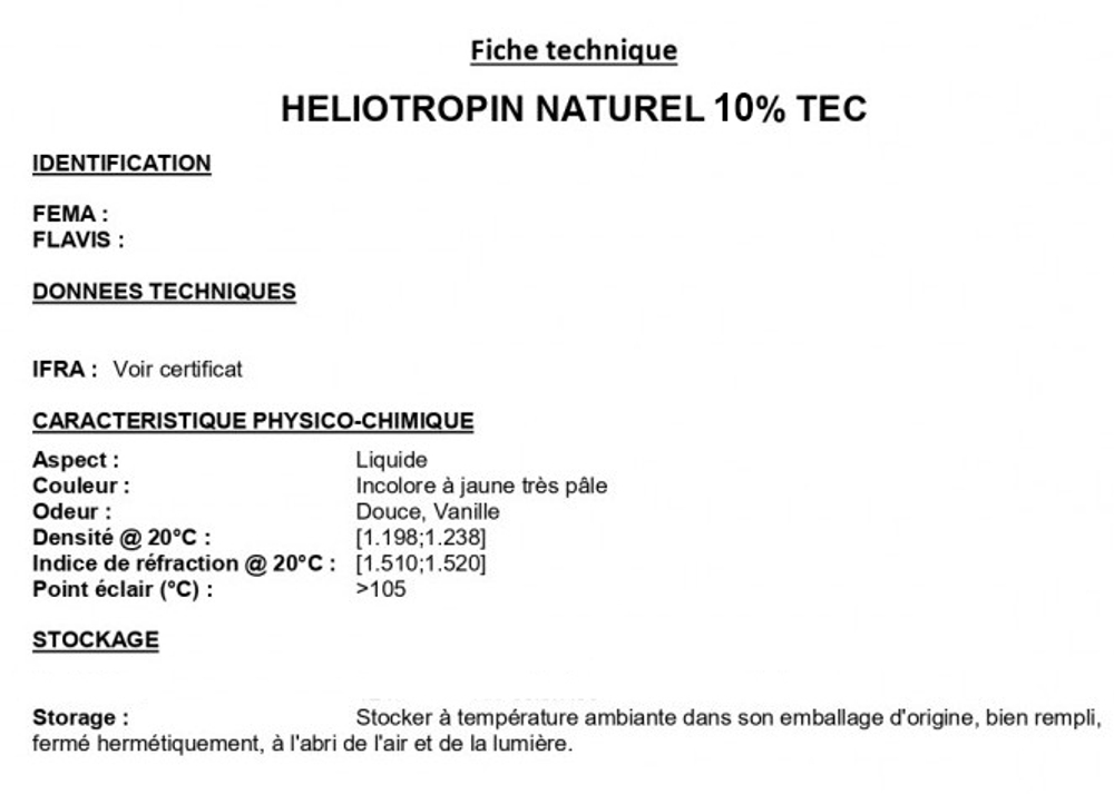 HELIOTROPIN NATURAL 10% in TEC / ГЕЛИОТРОПИН 10% НАТУРАЛЬНЫЙ CAS 120-57-0 ; 77-93-0