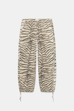 ZARA ШИРОКИЕ БРЮКИ С АНИМАЛИСТИЧЕСКИМ ПРИНТОМ И ШНУРКАМИ, ТИГРОВЫЙ ПРИНТ