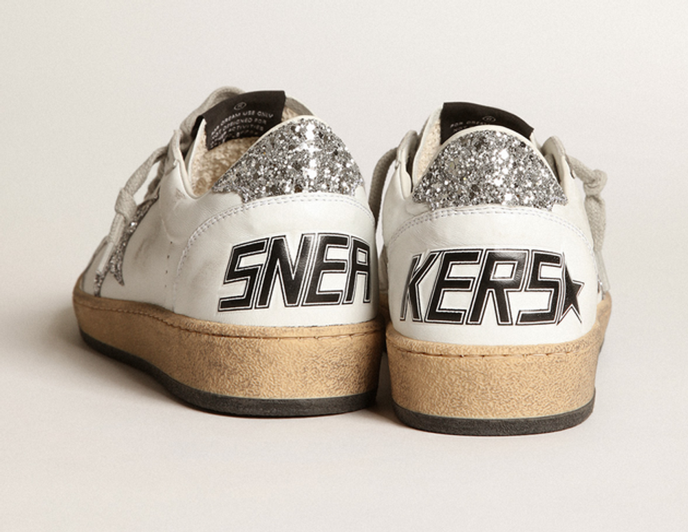 Ball Star sneakers in white nappa leather with silver glitter star and heel tab