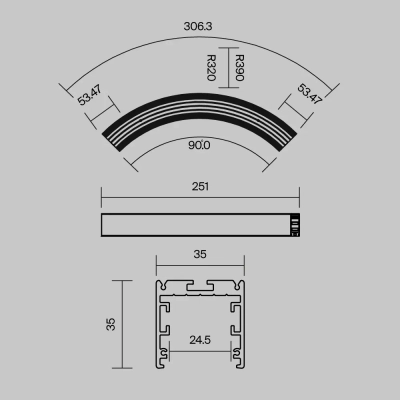 Радиусный профиль 35x35 D320мм 1/4 круга черный, ALM-3535R-B-D-90°-0.3M. TM Maytoni