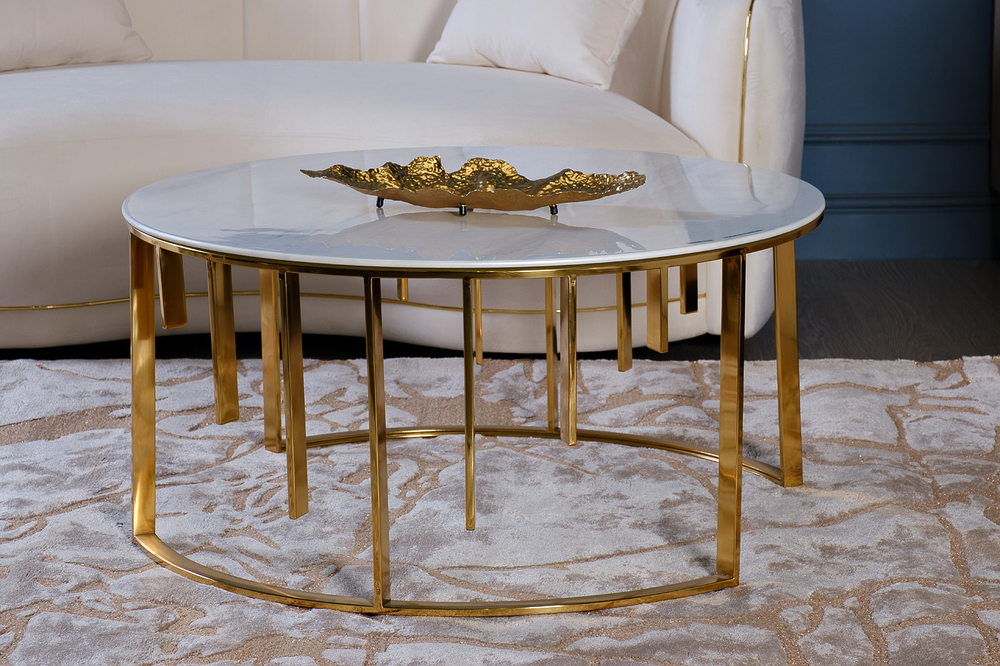 Стол журнальный Garda Decor мрам.стекло, золото d90*43 см