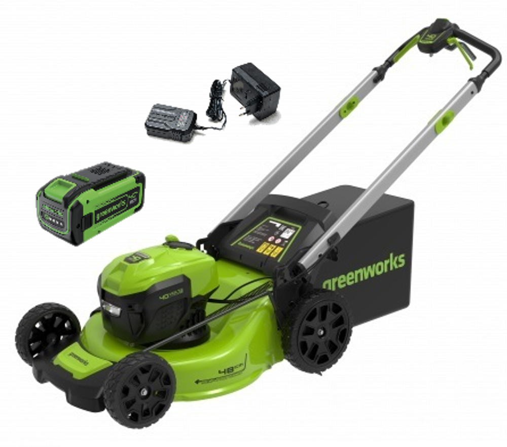 Газонокосилка аккумуляторная Greenworks GD40LM48SP, 40V, 48 см, самоходная, бесщеточная, c 1хАКБ 8 Ач и ЗУ (2517407UH)