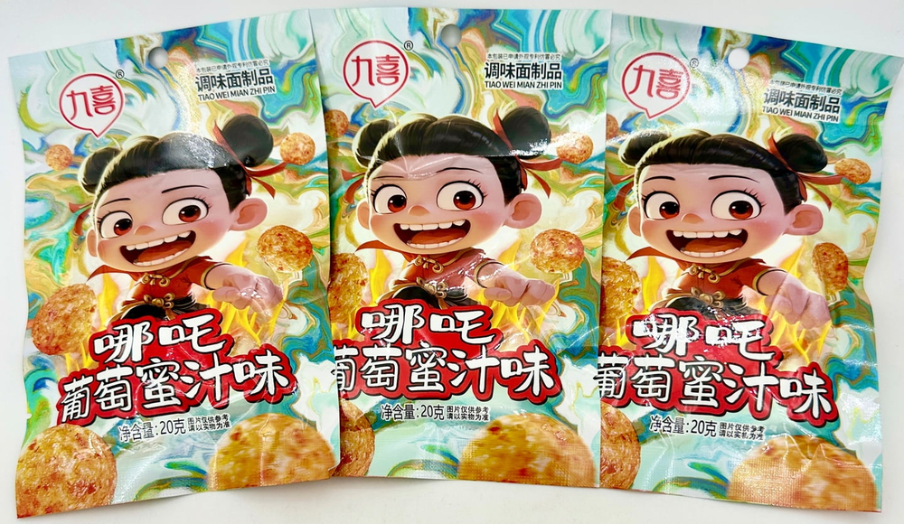Снеки мучные JIUXI Nezha grape honey flavor виноградно-медовый вкус 20г*30шт (14бл) Китай
