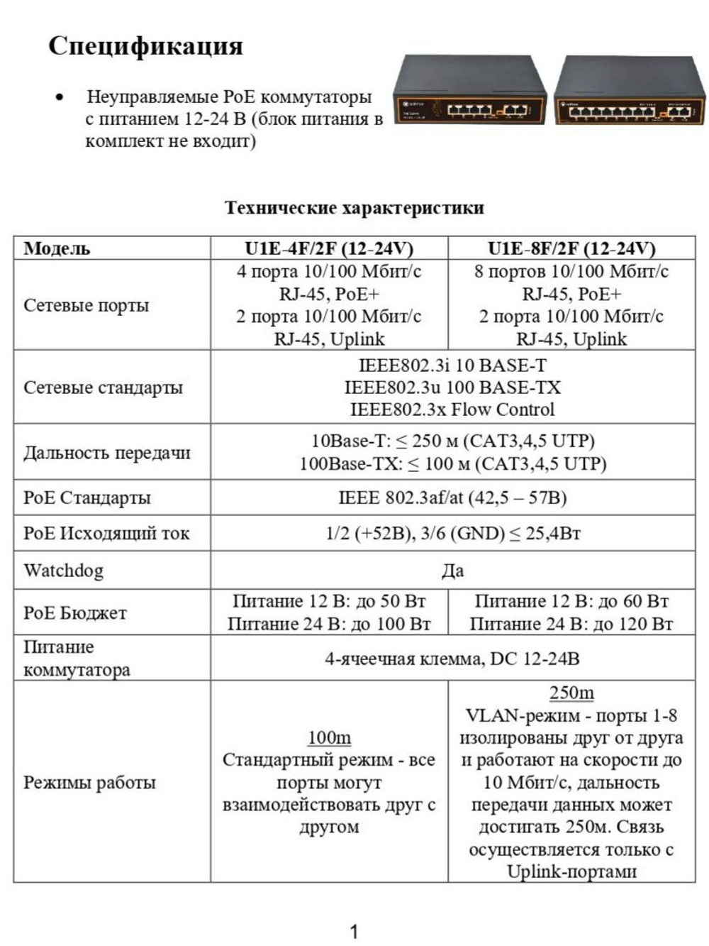 Коммутатор Optimus U1E-4F/2F (12-24V)