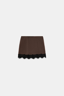 ZARA ЮБКА-ШОРТЫ С КРУЖЕВНЫМ НИЗОМ, КОРИЧНЕВЫЙ