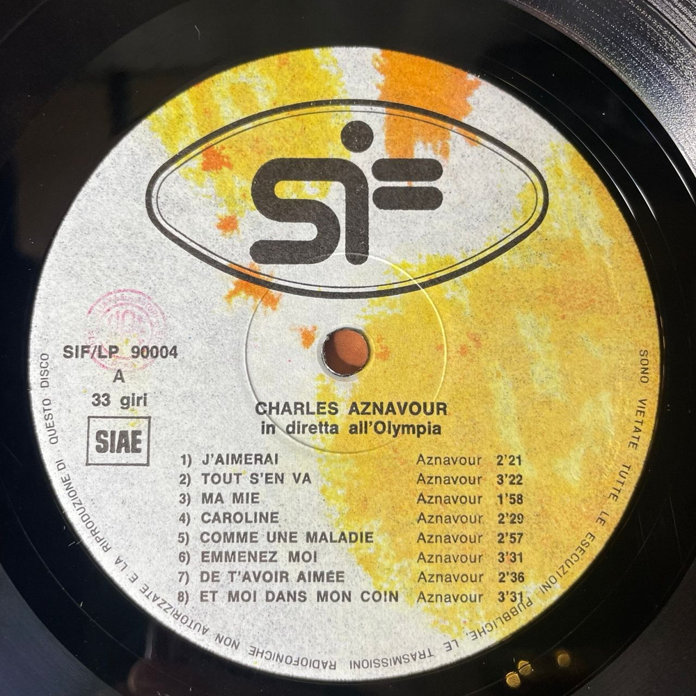 Винтажная виниловая пластинка LP Charles Aznavour Шарль Азнавур Face Au Public In Diretta All Olympia (Италия 1969)