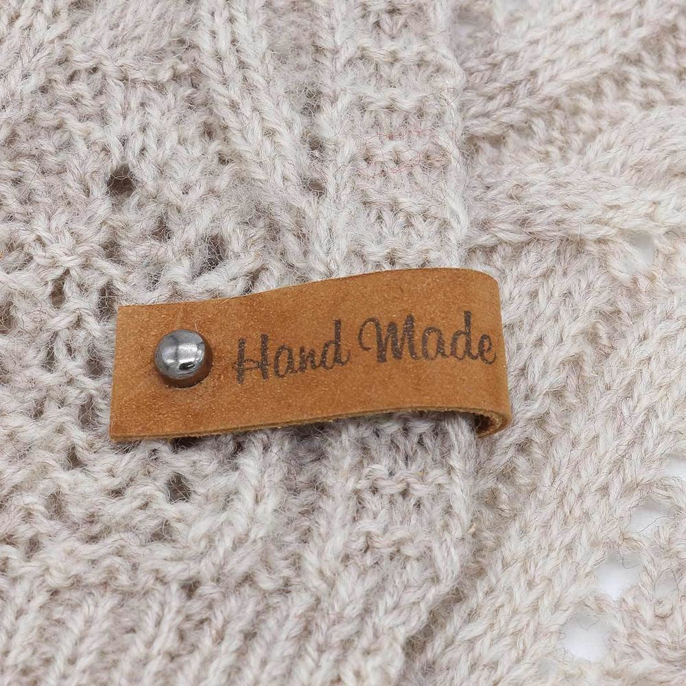 Бирки пришивные кожа с кнопкой ""Hand Made"" 1,3х7см, цв. коричн, уп.8 шт