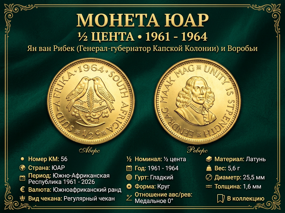 ЮАР 1/2 цента, 1964 Ян ван Рибек UNC