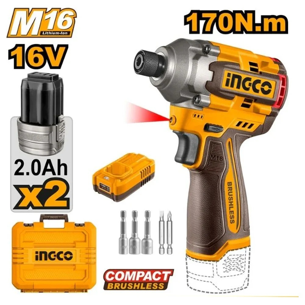 Аккумуляторный бесщеточный импульсный винтоверт INGCO CIRLI16178 INDUSTRIAL 16 В 170 Нм