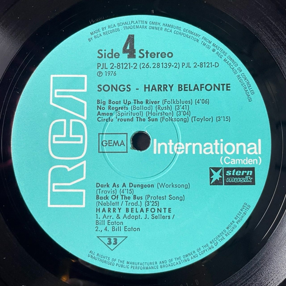 Винтажная виниловая пластинка LP Harry Belafonte Songs (Germany 1976)