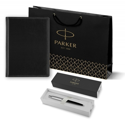 Подарочный набор: Шариковая ручка Parker Jotter Essential, Satin Black CT, стержень: Mblue, в подарочной упаковке и черный недатированный ежедневник