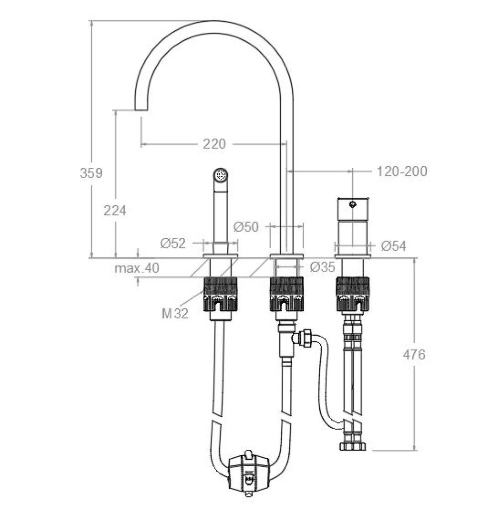 Cмеситель для раковины с выдвижным шлангом на три отверстия ODISEA 394103OC золото