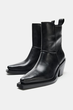 ZARA КОЖАНЫЕ БОТИЛЬОНЫ В КОВБОЙСКОМ СТИЛЕ, ЧЕРНЫЙ