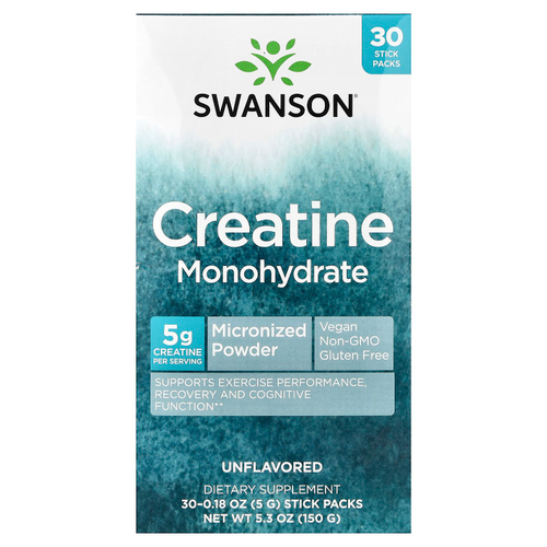 Swanson Vitamins, моногидрат креатина, без добавок, 30 стик-пакетов по 5 г (0,18 унции)