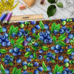 Ткань лён спелая черника хохломой на фоне